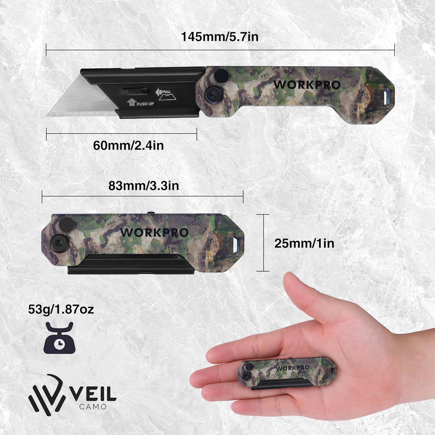 Camouflage folding utility knife with pocket size handle and hidden blade