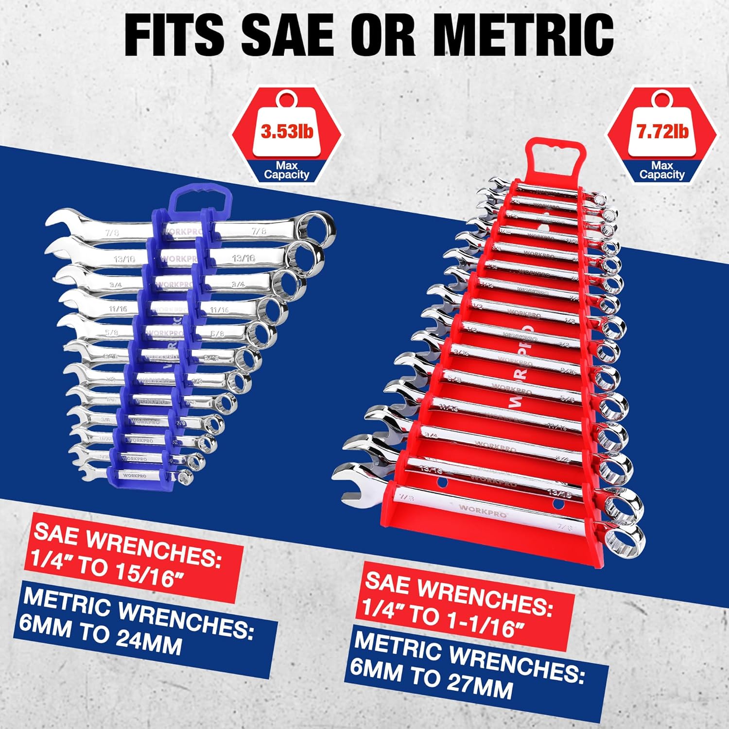 Blue and red magnetic wrench organizer racks with multiple slots for SAE or metric wrenches