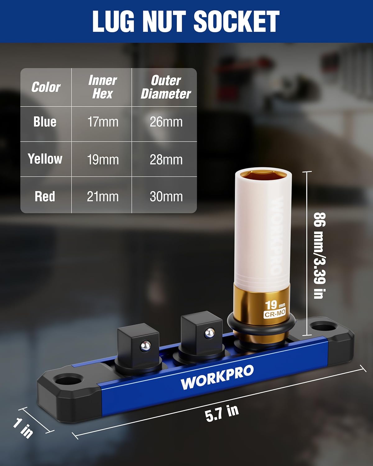 Thin-wall 1/2 in drive lug nut socket on blue rail, 19mm CR-MO tip
