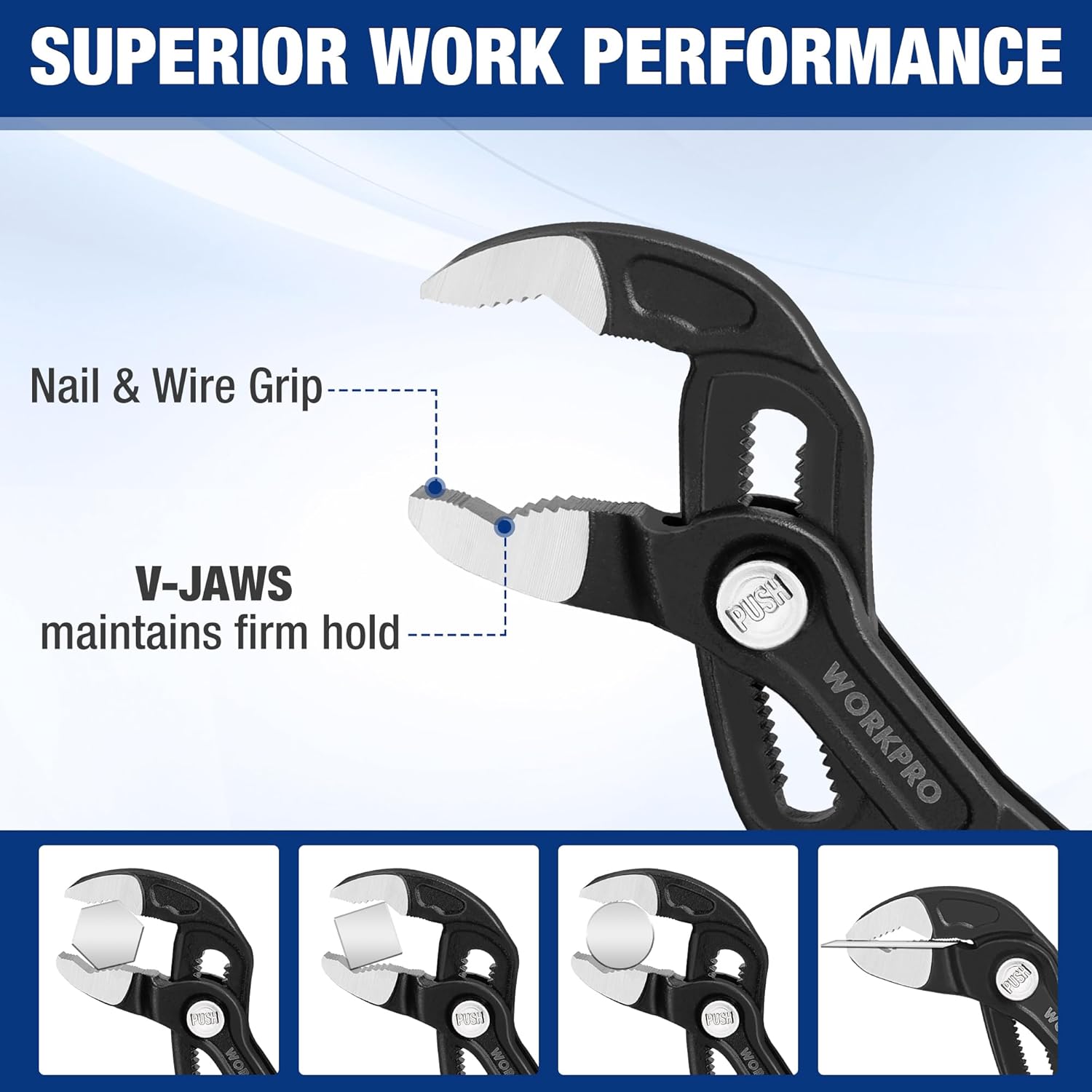 Adjustable pliers with V-jaws and nail/wire grip texture on black jaw faces