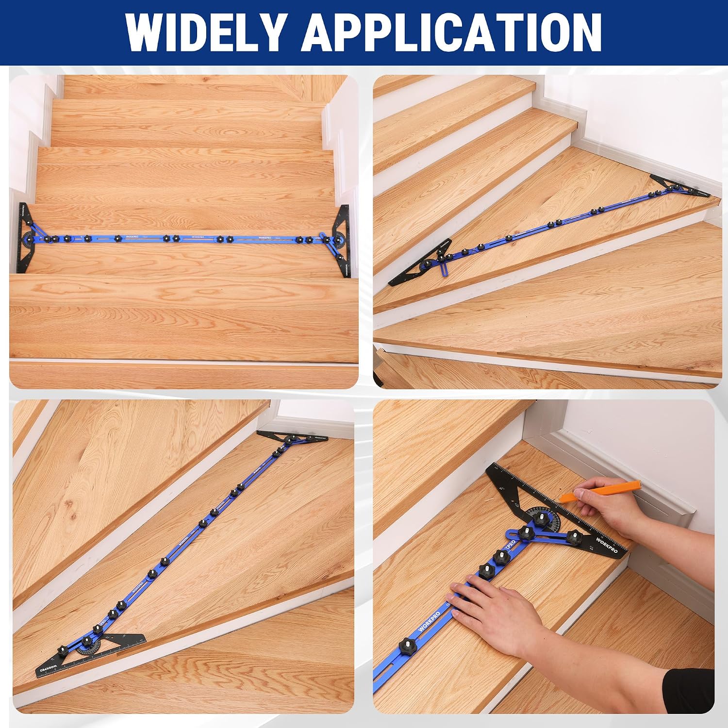 Stair tread template tool across wood steps for measuring and marking stair tread layouts