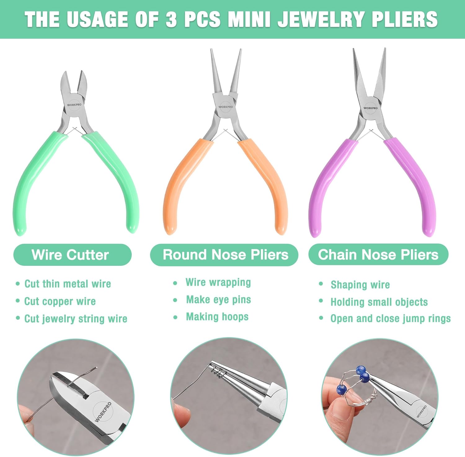 Three mini jewelry pliers in green, orange, and purple for wire wrapping and cutting