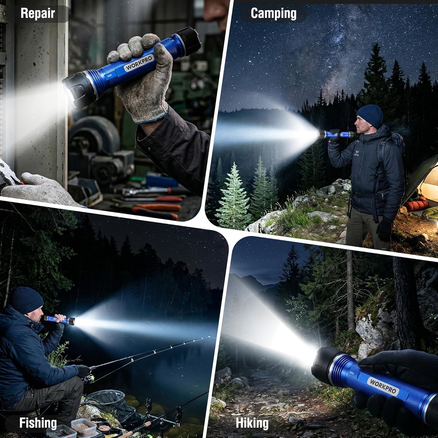 Blue LED flashlight shining bright beam, shown in multiple outdoor activity uses