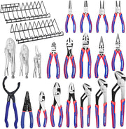 20-piece pliers set with blue-and-red handles and metal organizer racks