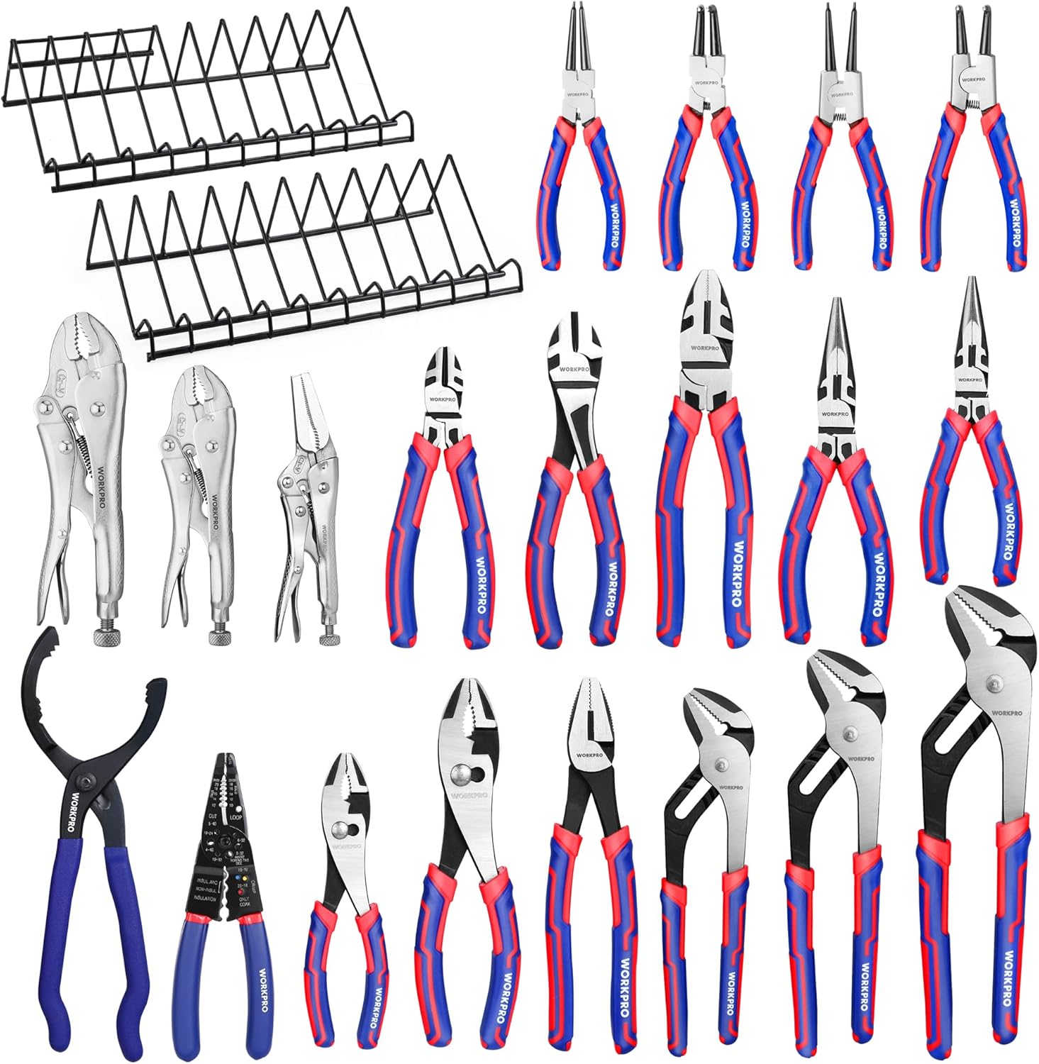 20-piece pliers set with blue-and-red handles and metal organizer racks