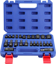 Torx bit socket set in blue plastic case with multiple black sockets and red latches