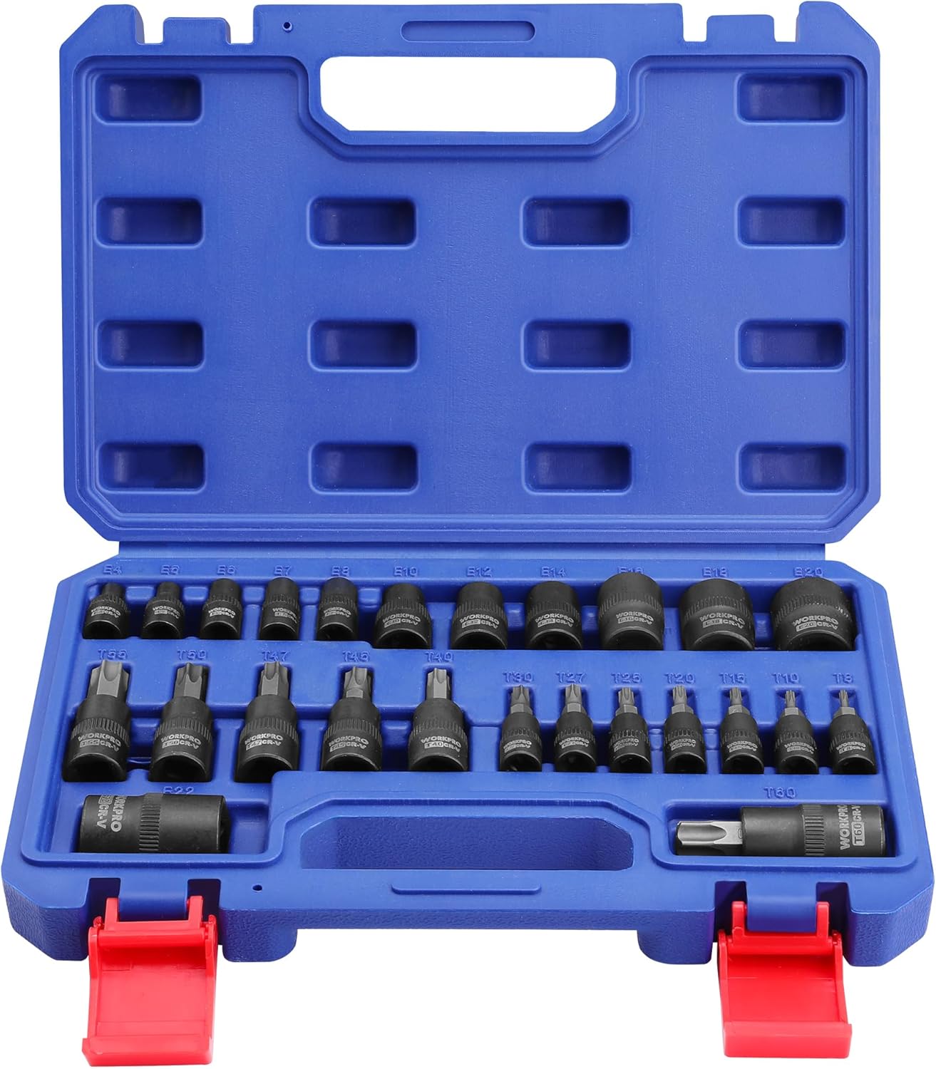 Torx bit socket set in blue plastic case with multiple black sockets and red latches