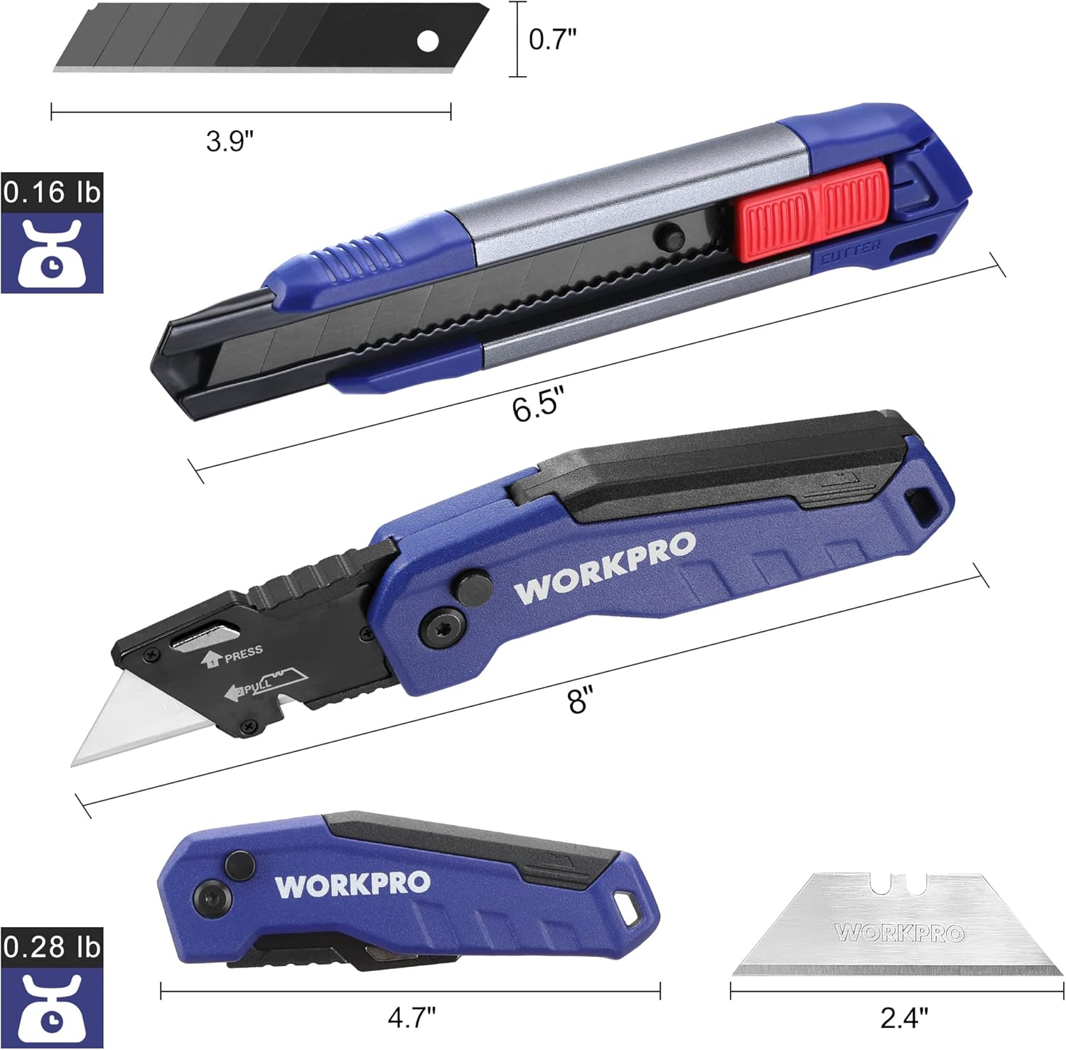 WORKPRO folding utility knife set with blue handle, silver body, and extended metal blades