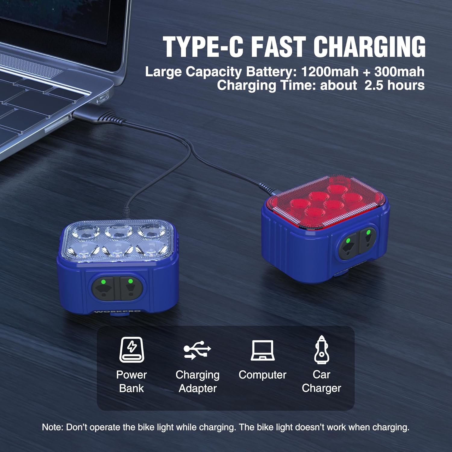 Rechargeable bicycle lights with USB-C charging ports and blue battery housings