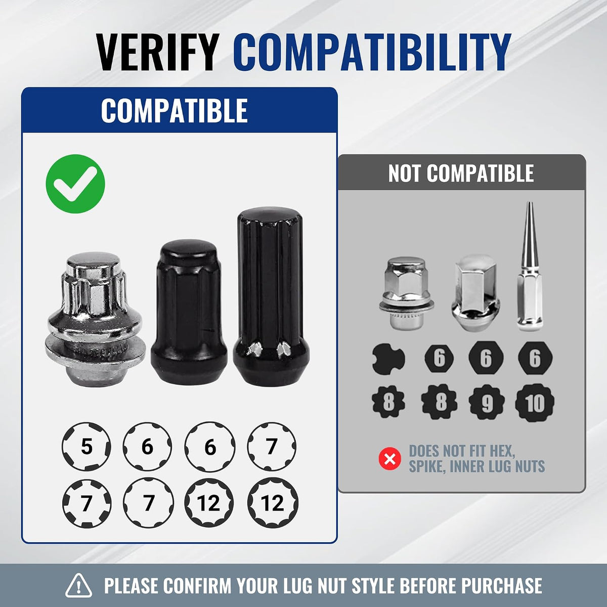 Workpro spline lug nut socket set with a compatibility guide showing black and silver sockets for wheel service