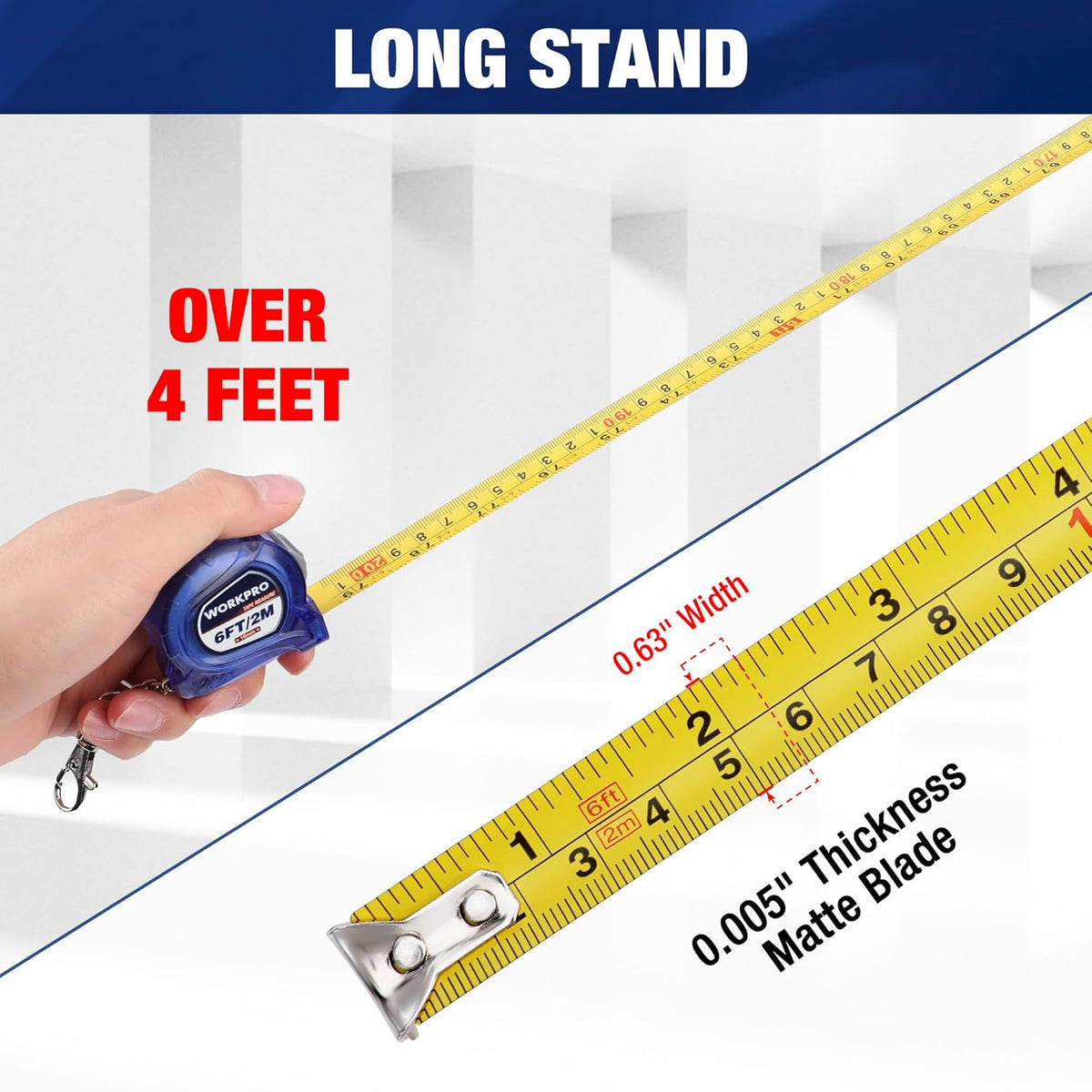 Blue mini retractable tape measure with yellow inch/metric blade extended to measure length