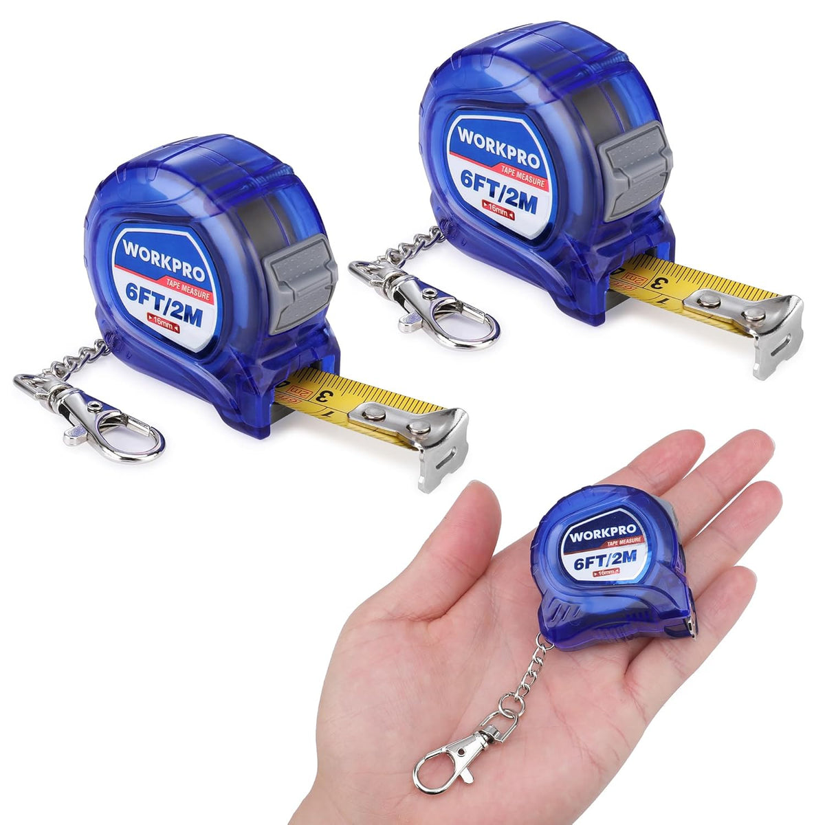 WORKPRO mini retractable tape measure keychain in blue with chrome clip, showing inch/metric tape