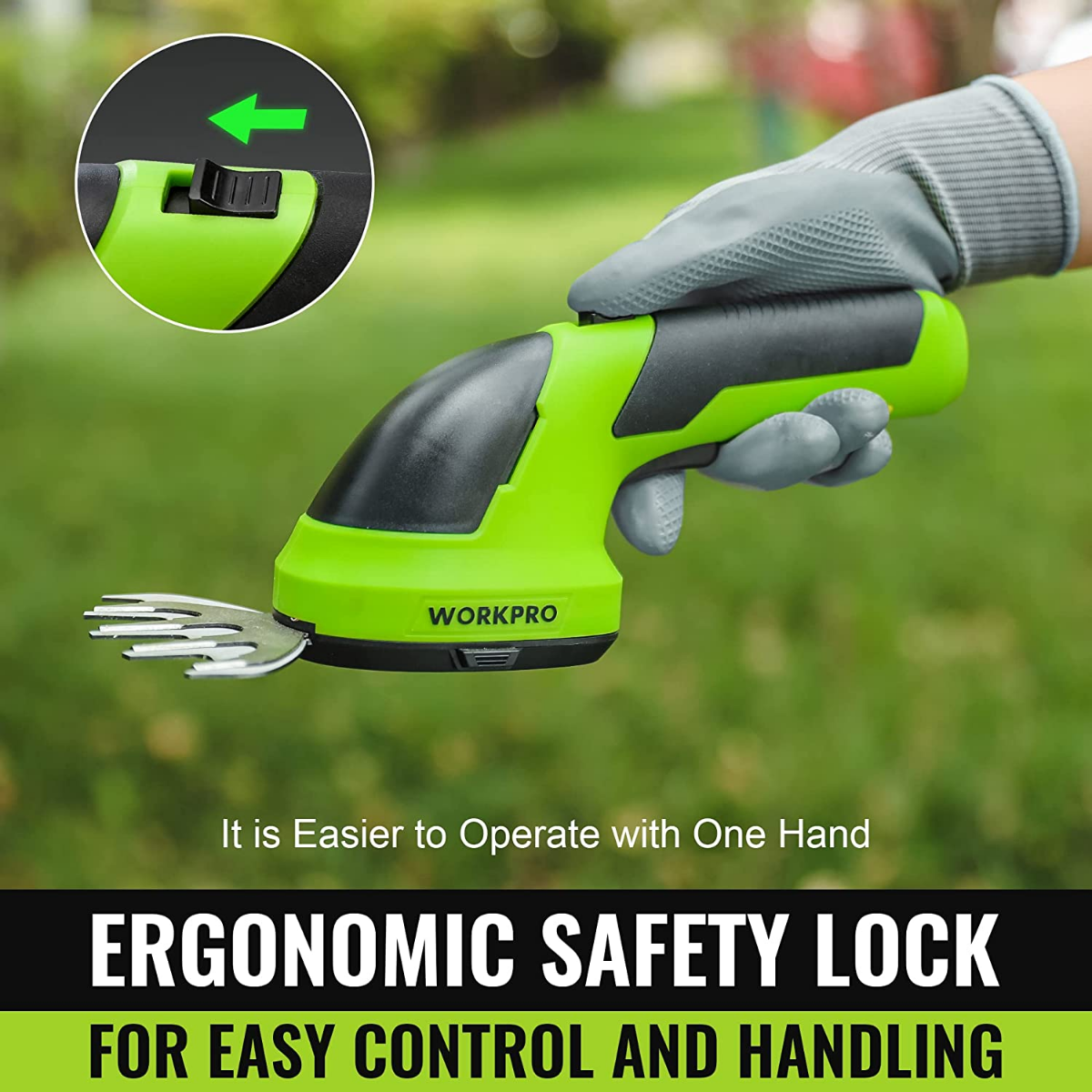 Handheld cordless hedge trimmer with safety lock, lime green and black handle