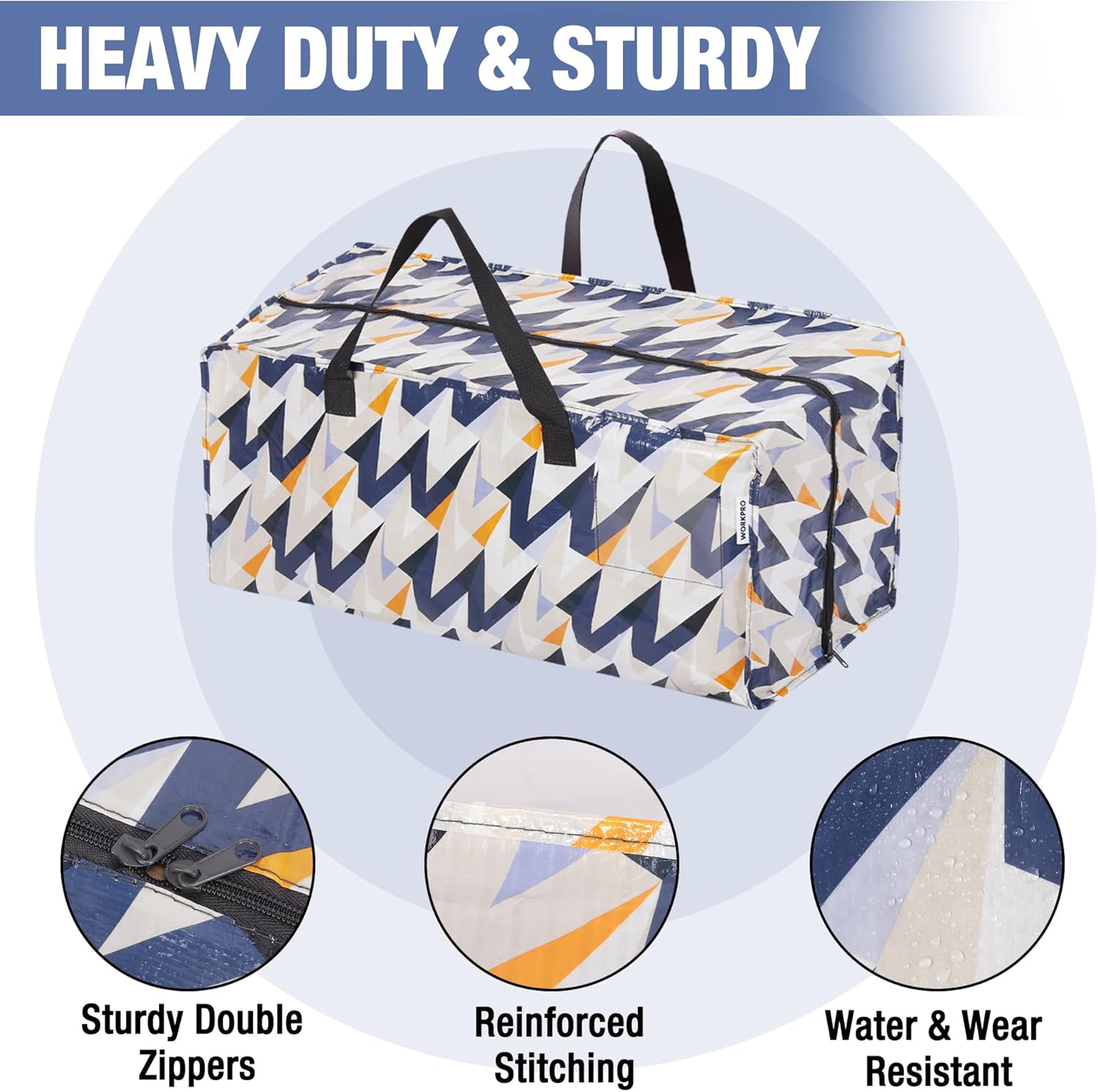 Extra large moving tote bag with zipper and carry handles, zigzag alphabet print