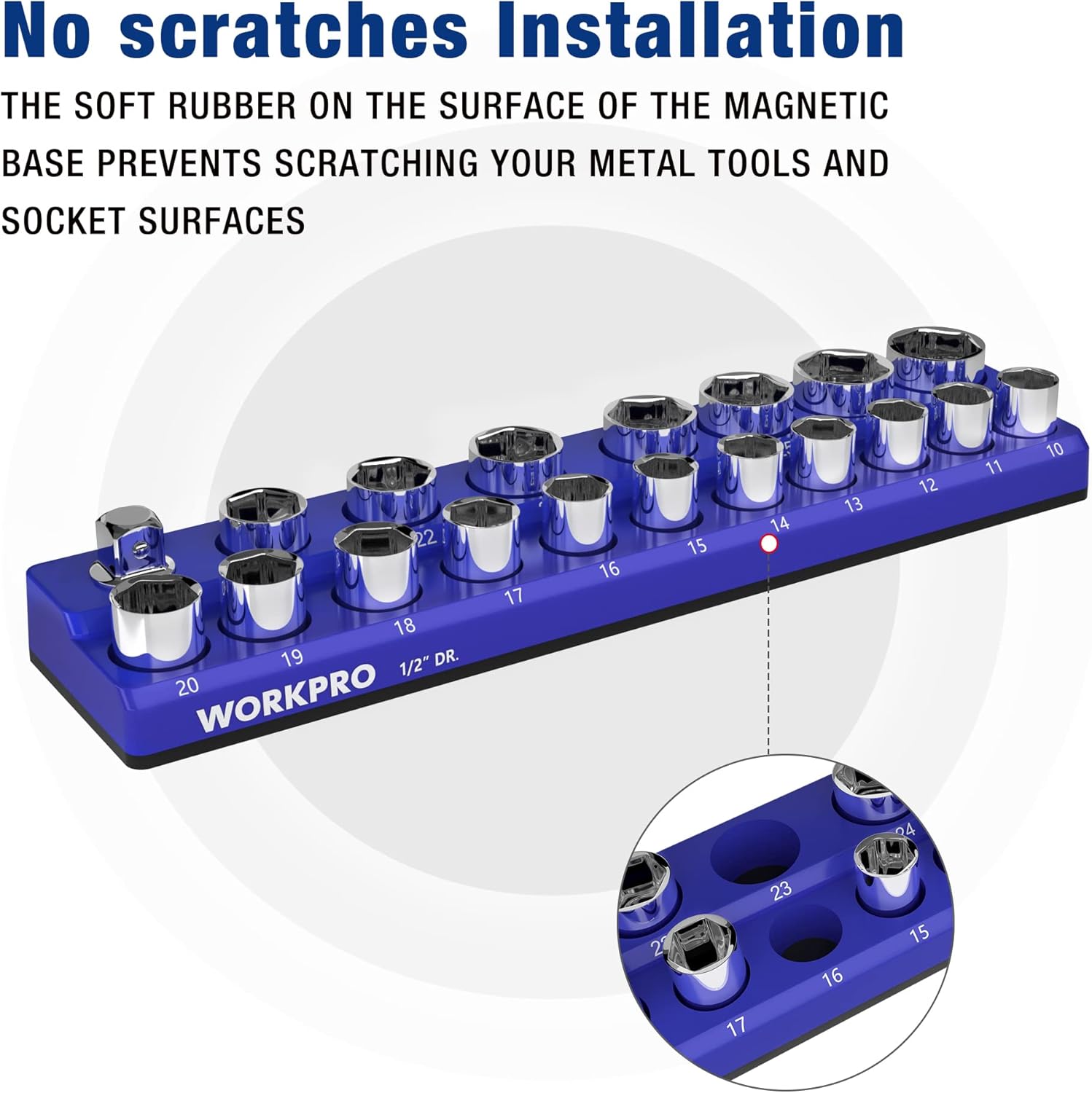 Blue magnetic socket organizer with rubber base to help prevent scratching, 19 holders