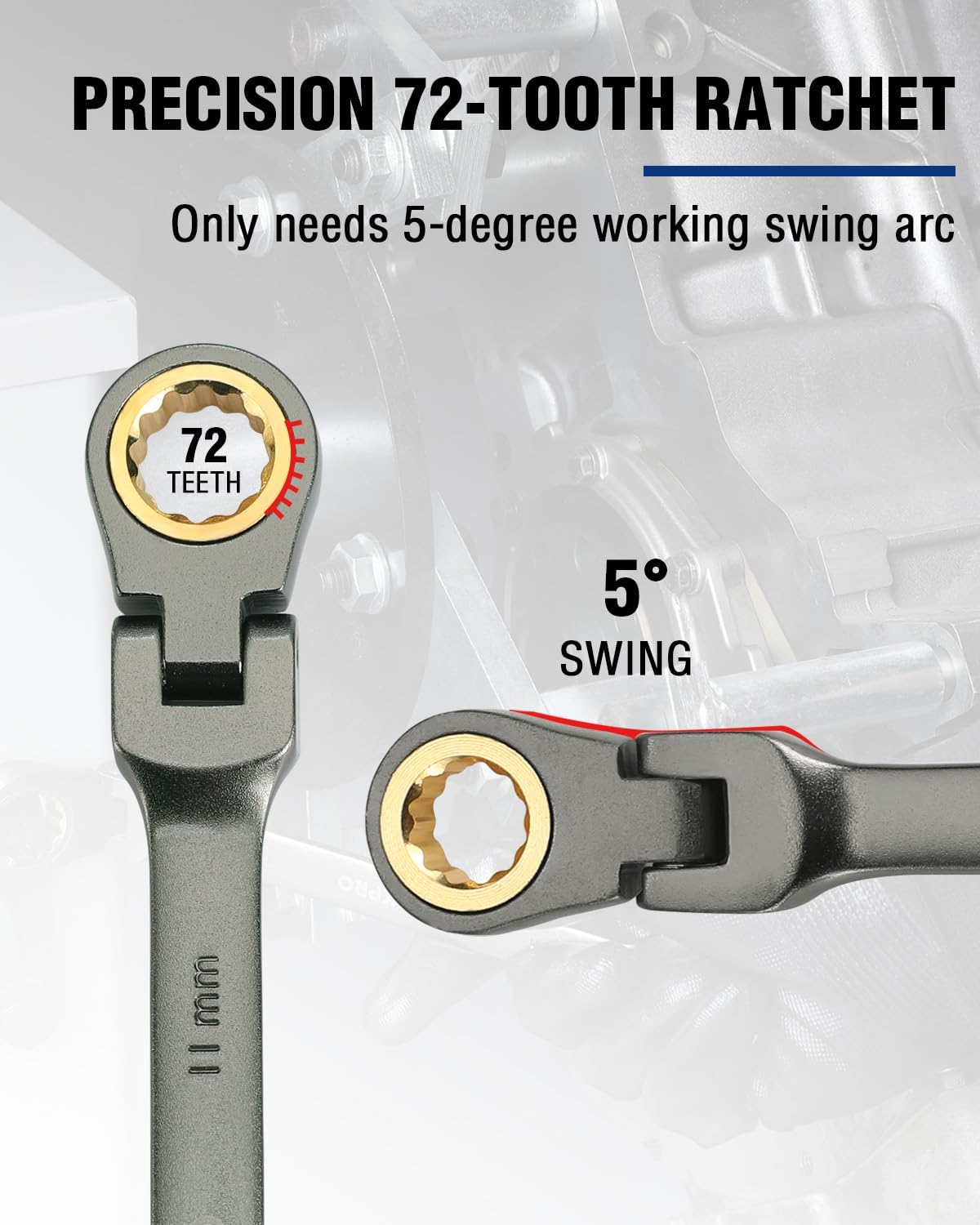 11 mm 72-tooth ratcheting combination wrench with 12-point socket and 5° swing arc