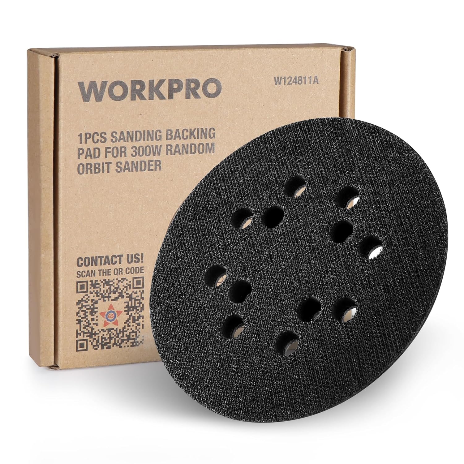 WORKPRO black sanding backing pad with dust holes, next to product box