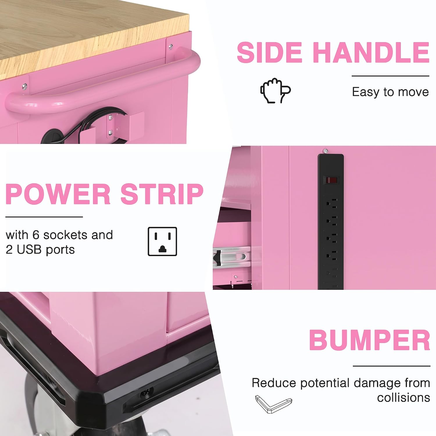 Pink mobile tool chest with power strip, side handle, and tall cabinet door panel