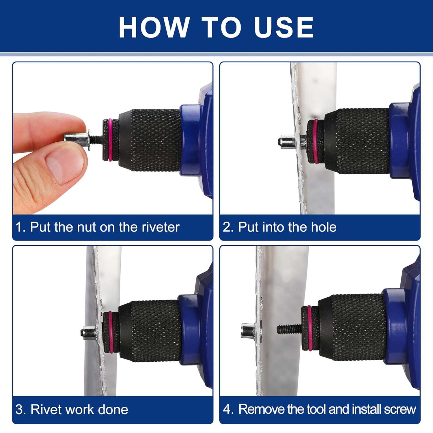 Rivet nut installation using a tool to insert a stainless steel threaded nut into a panel