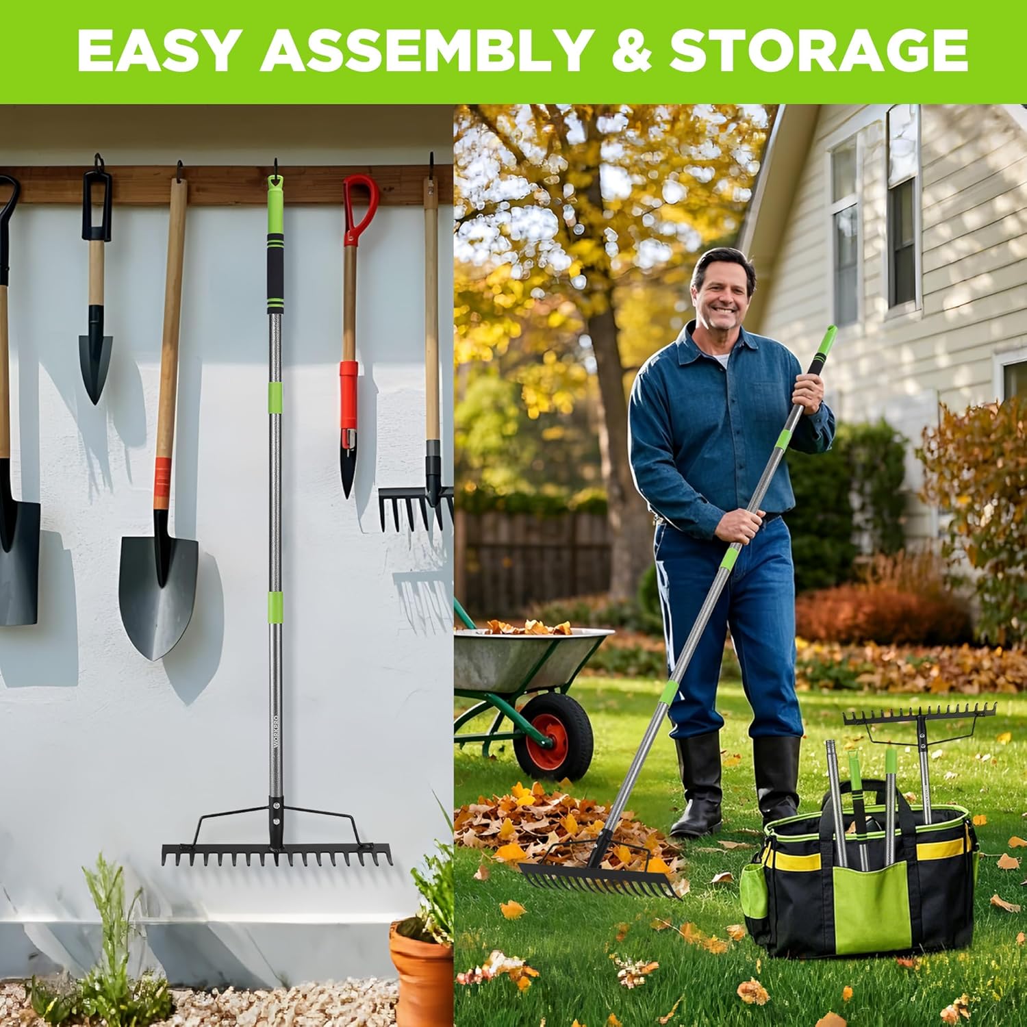Heavy-duty bow rake with black 17-tine head and green-and-gray handle