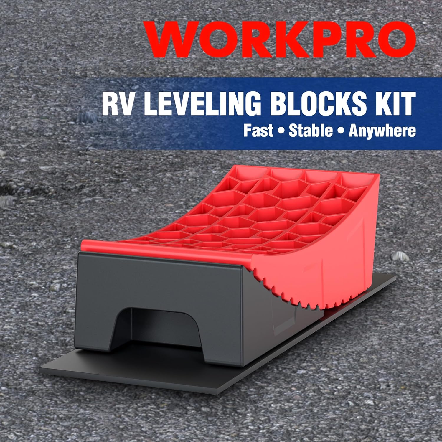 Red RV leveling block kit with anti-slip base and bubble level