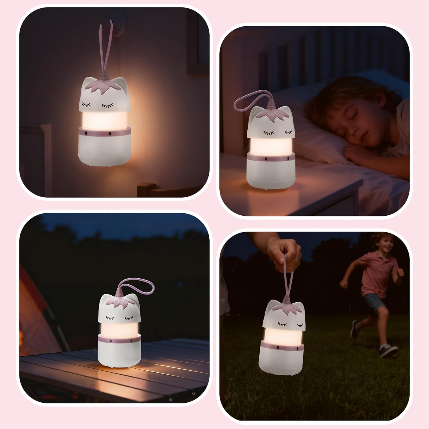 Unicorn kids lantern in multiple night scenes; warm glow with top lanyard loop handle