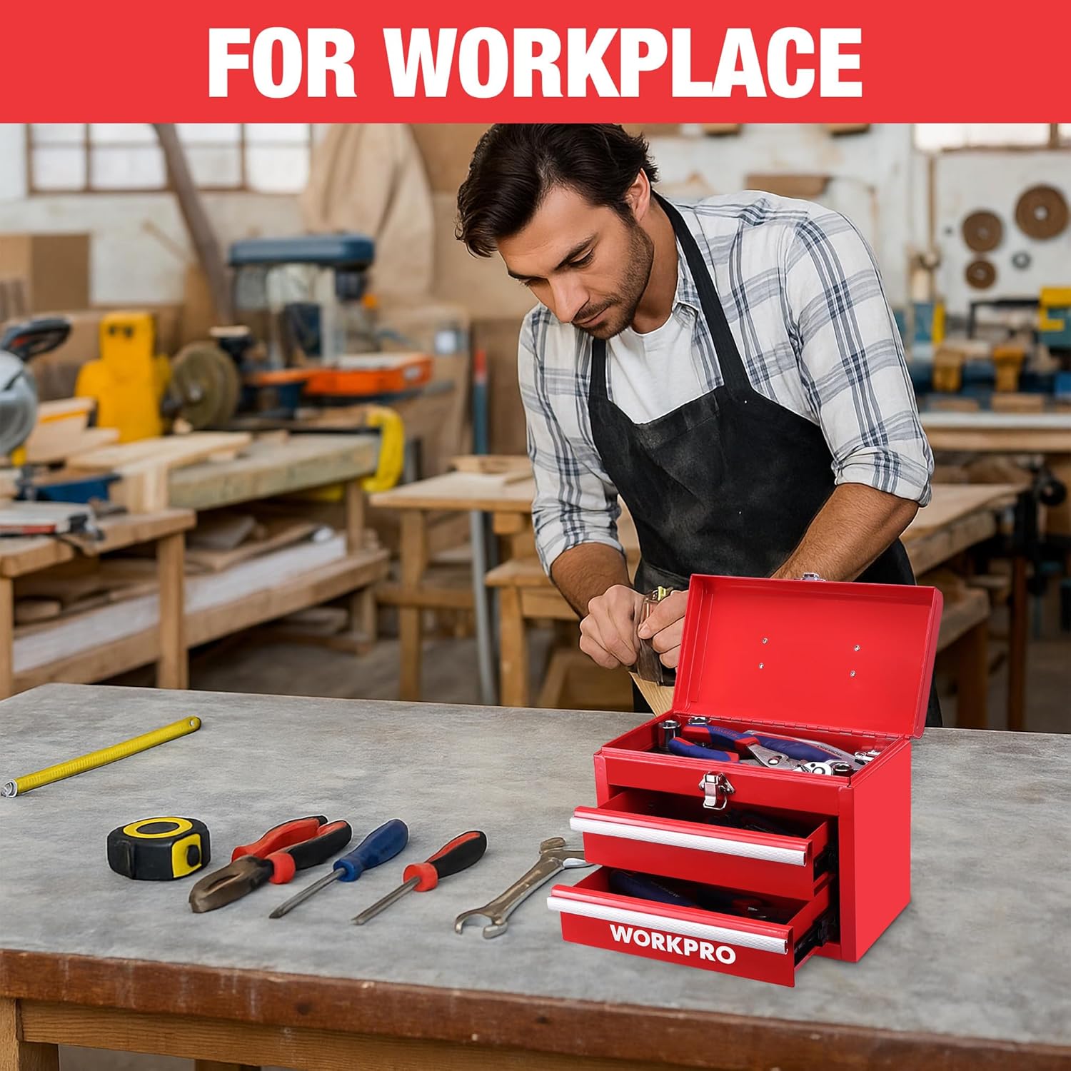 Red portable mini tool chest open on workbench with two sliding drawers
