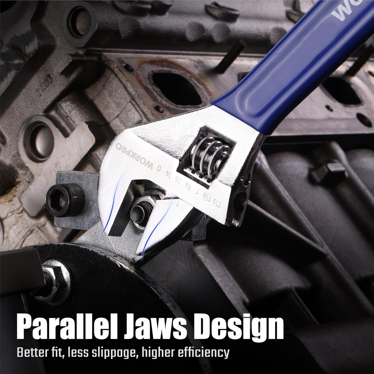 Adjustable wrench with blue handle and serrated worm gear inside wide jaw opening.