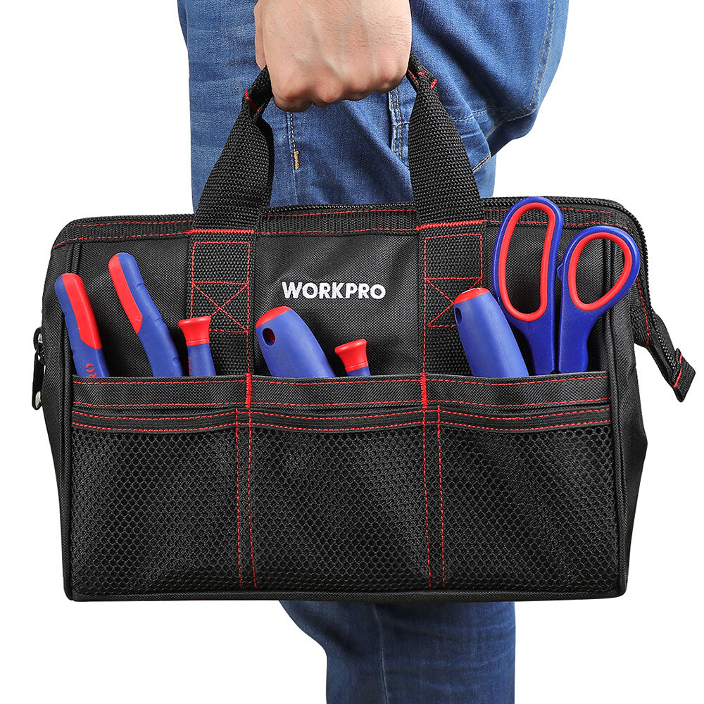 WORKPRO 2 Piece tool tote bag in black with wide-mouth zipper, innovation quality and durable secure storage