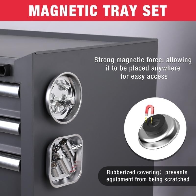 Gray magnetic tool trays with round magnetic bases for easy metal part access