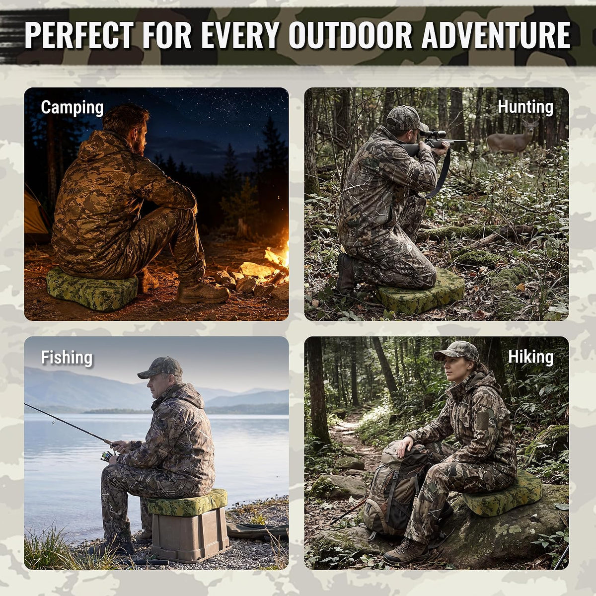 WORKPRO hunting seat cushion in camouflage fabric cover, padded foam insert for hunting blind or outdoor seating