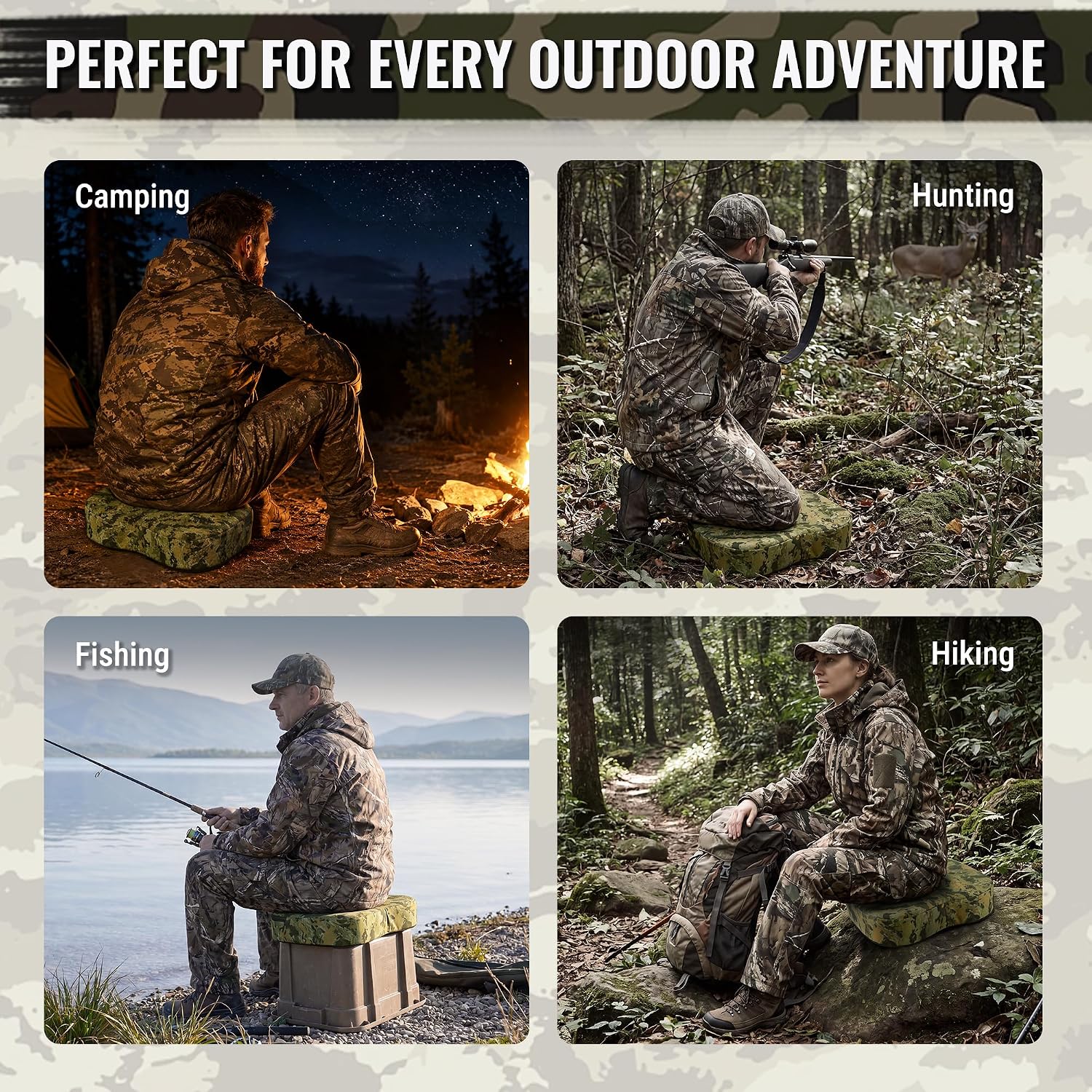 WORKPRO hunting seat cushion in camouflage fabric cover, padded foam insert for hunting blind or outdoor seating