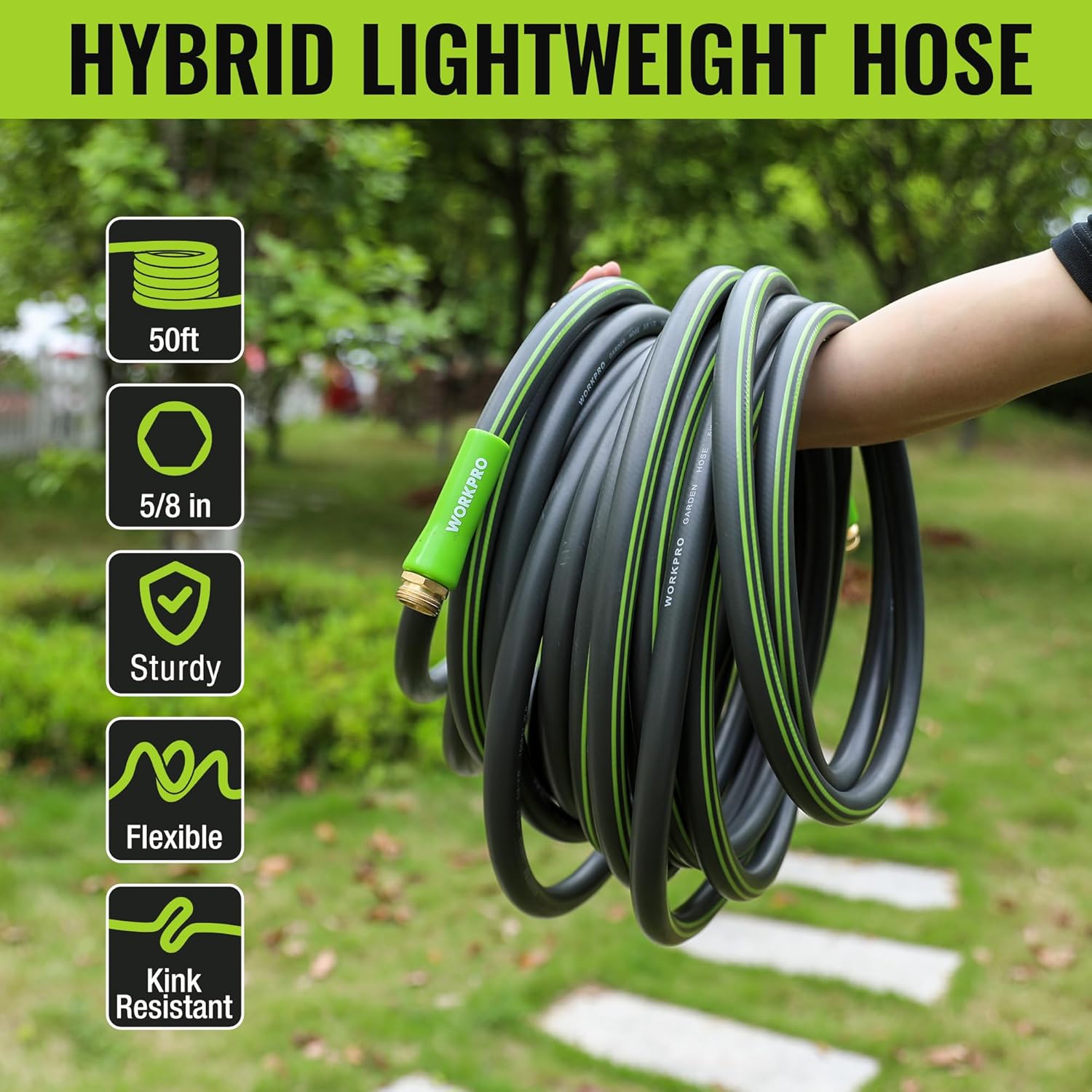 Garden hose with green handle grip, black flexible tube, brass fitting