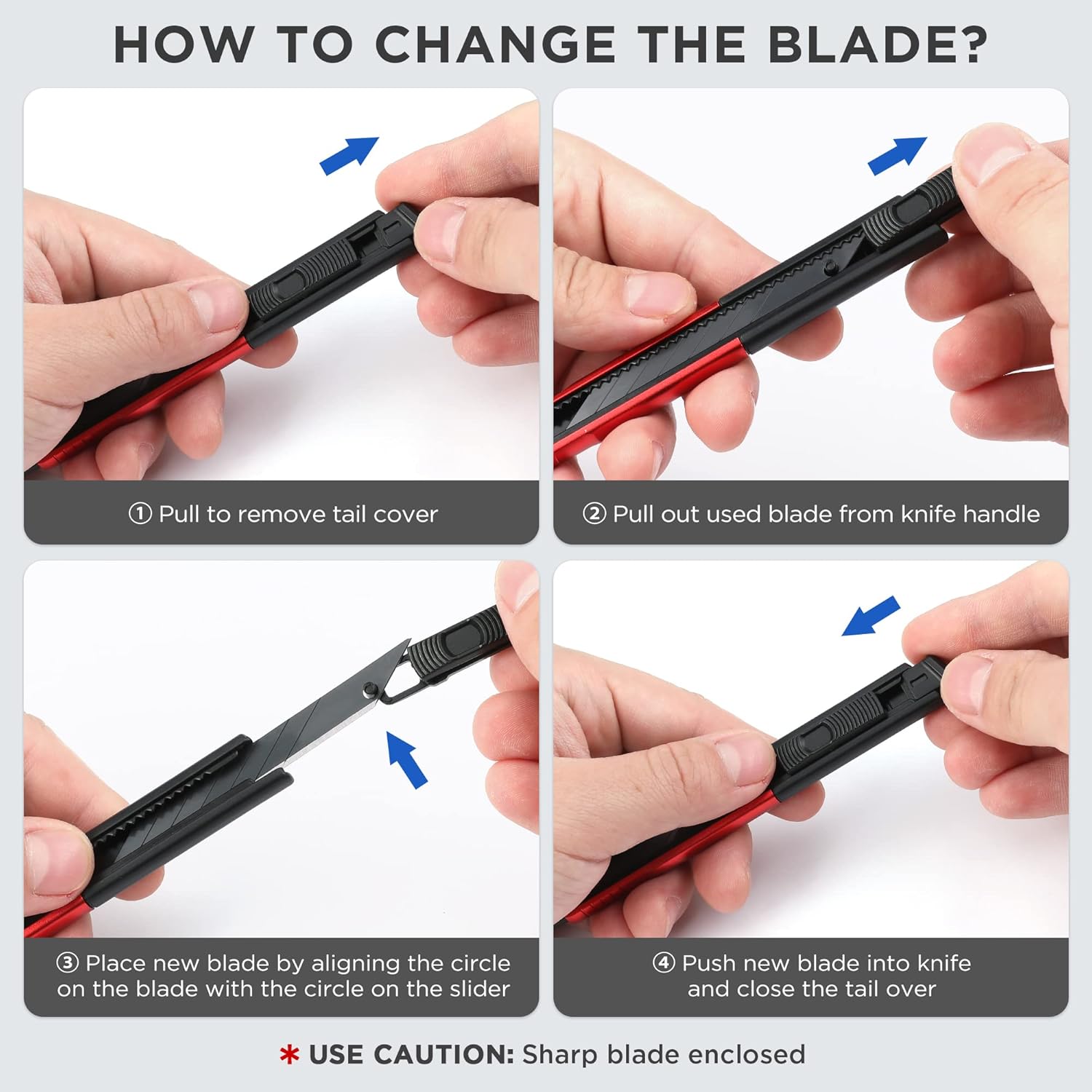 Hands using a retractable utility knife to remove and insert the snap-off blade