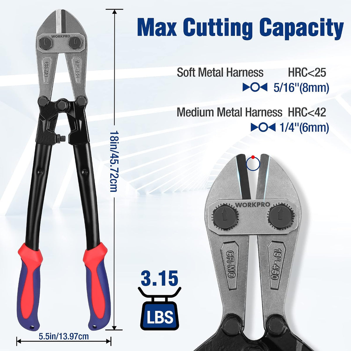 WORKPRO Bolt Cutter, Bi-Material Handle with Soft Rubber Grip, 18", Chrome Molybdenum Steel Blade