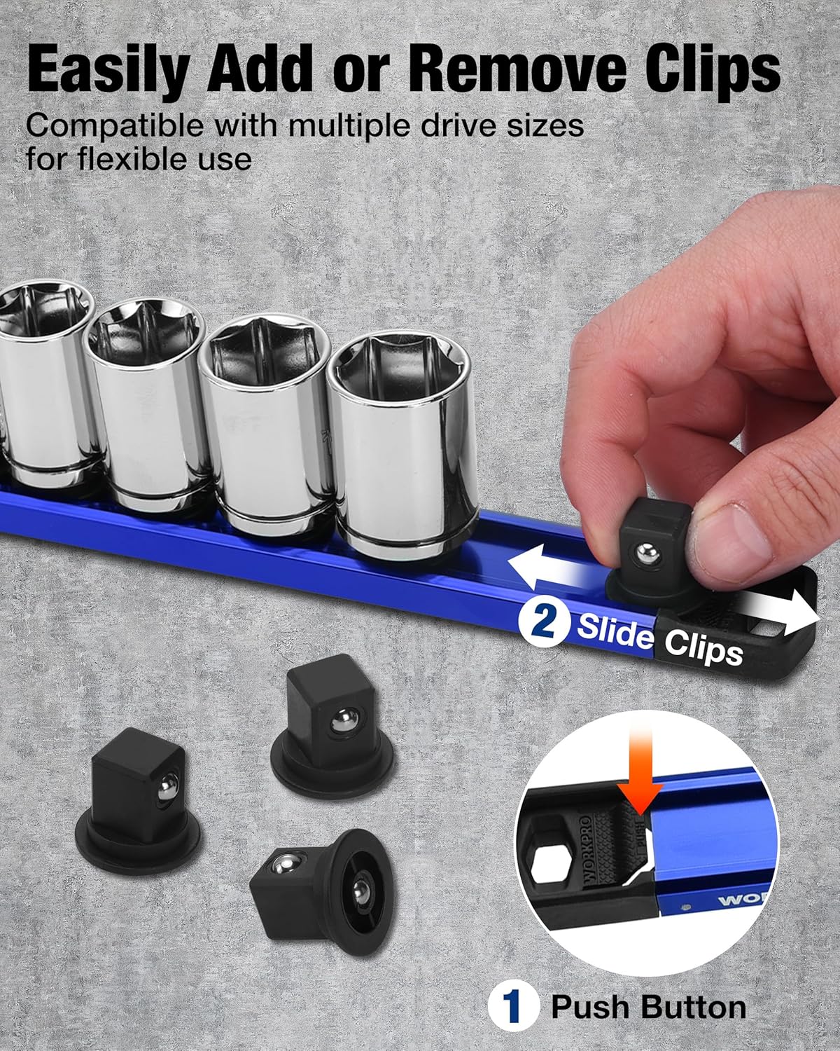 Magnetic socket rail organizer with blue bar and push-button removable black clips
