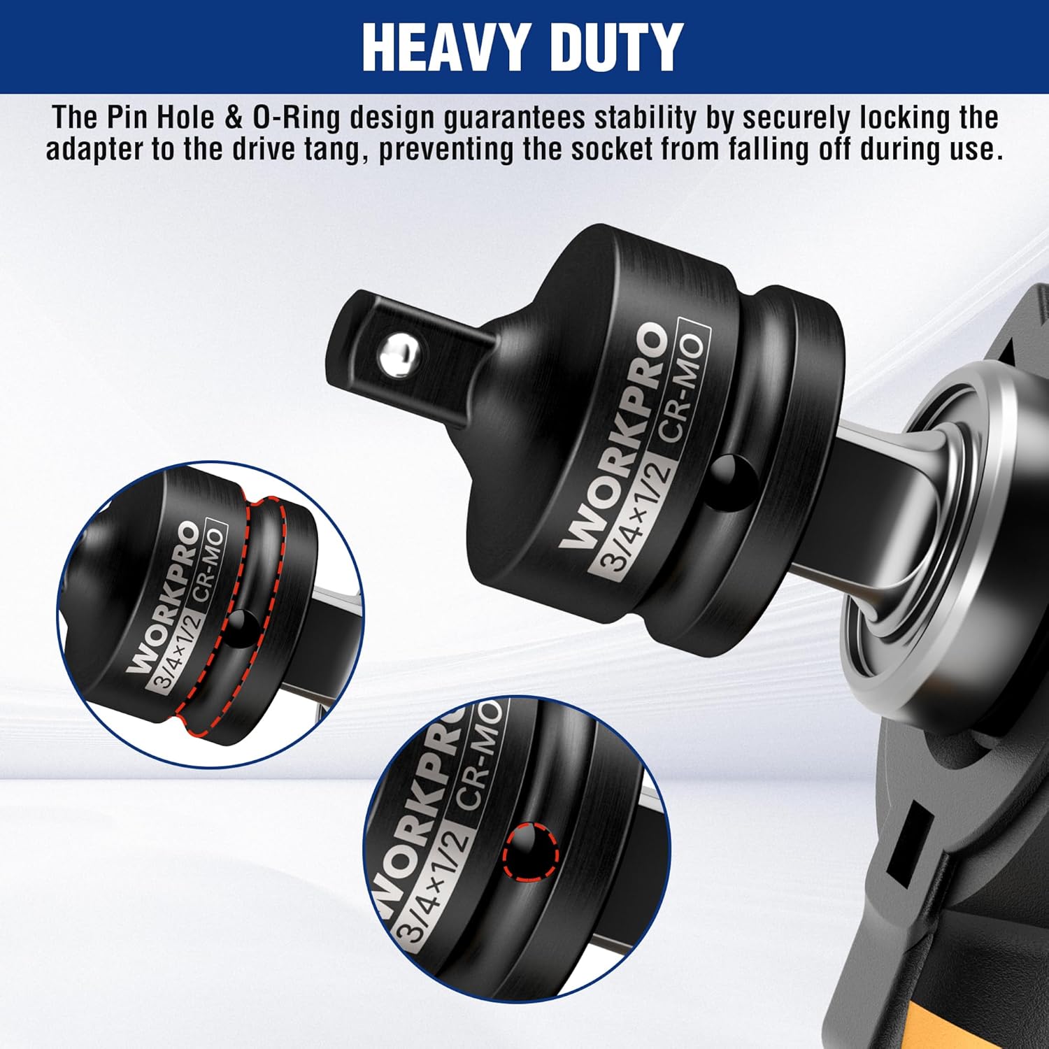 Black impact socket adapter set showing locking ring pin-hole & O-ring secure fit