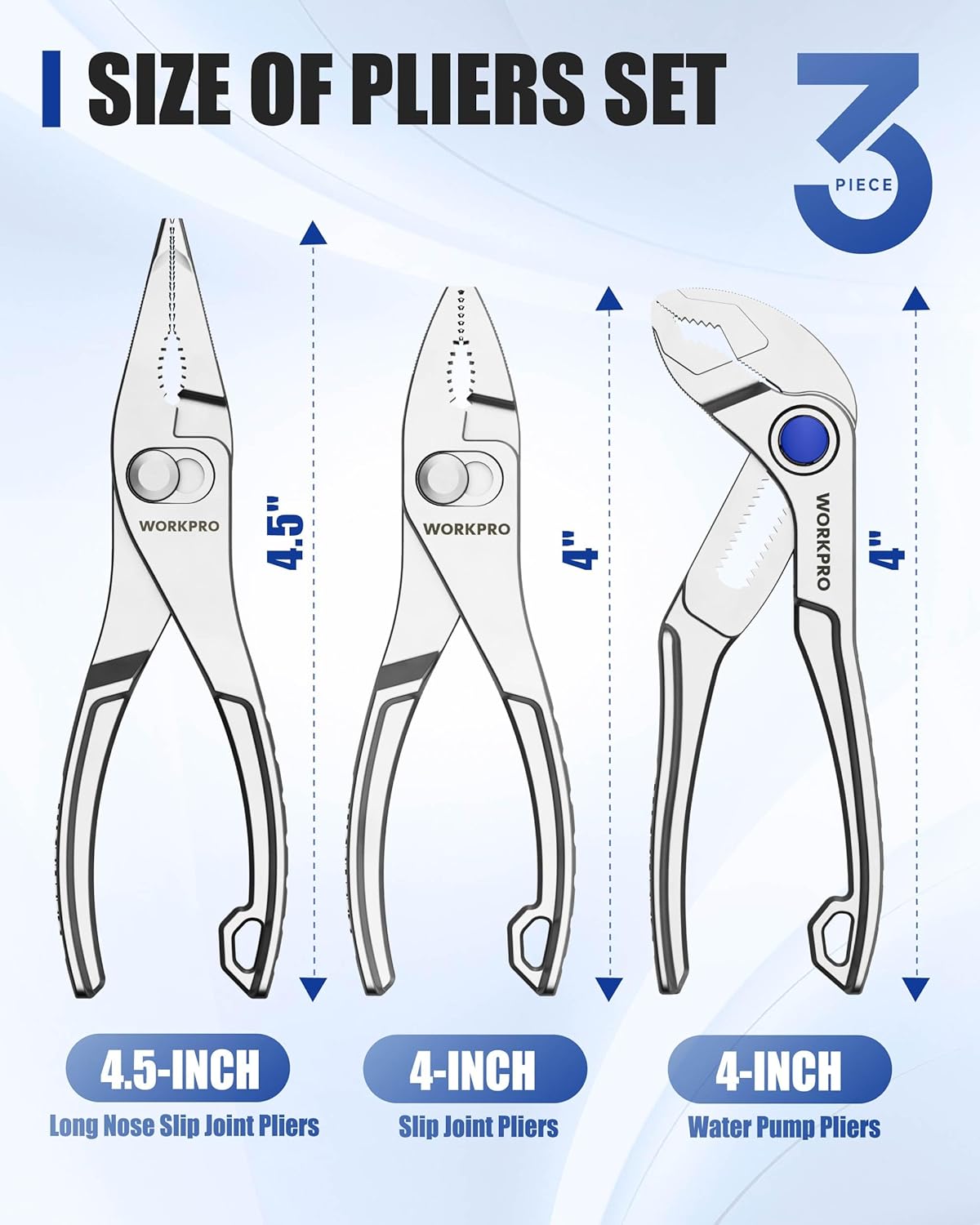 3-piece mini pliers set size chart: 4-inch, 4.5-inch, and 4-inch water pump pliers