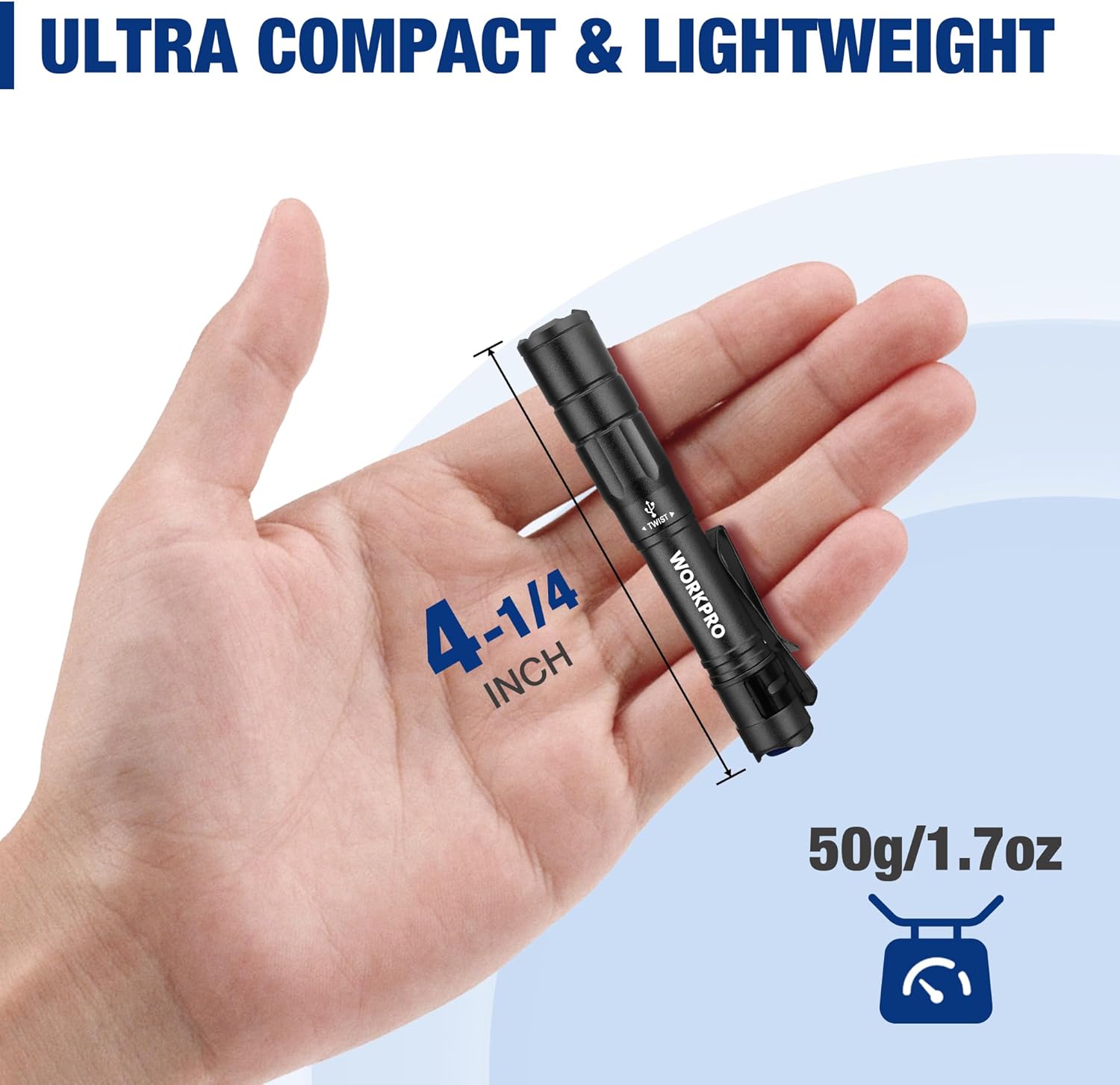 Black ultra-compact rechargeable pen light with clip, held in a palm.
