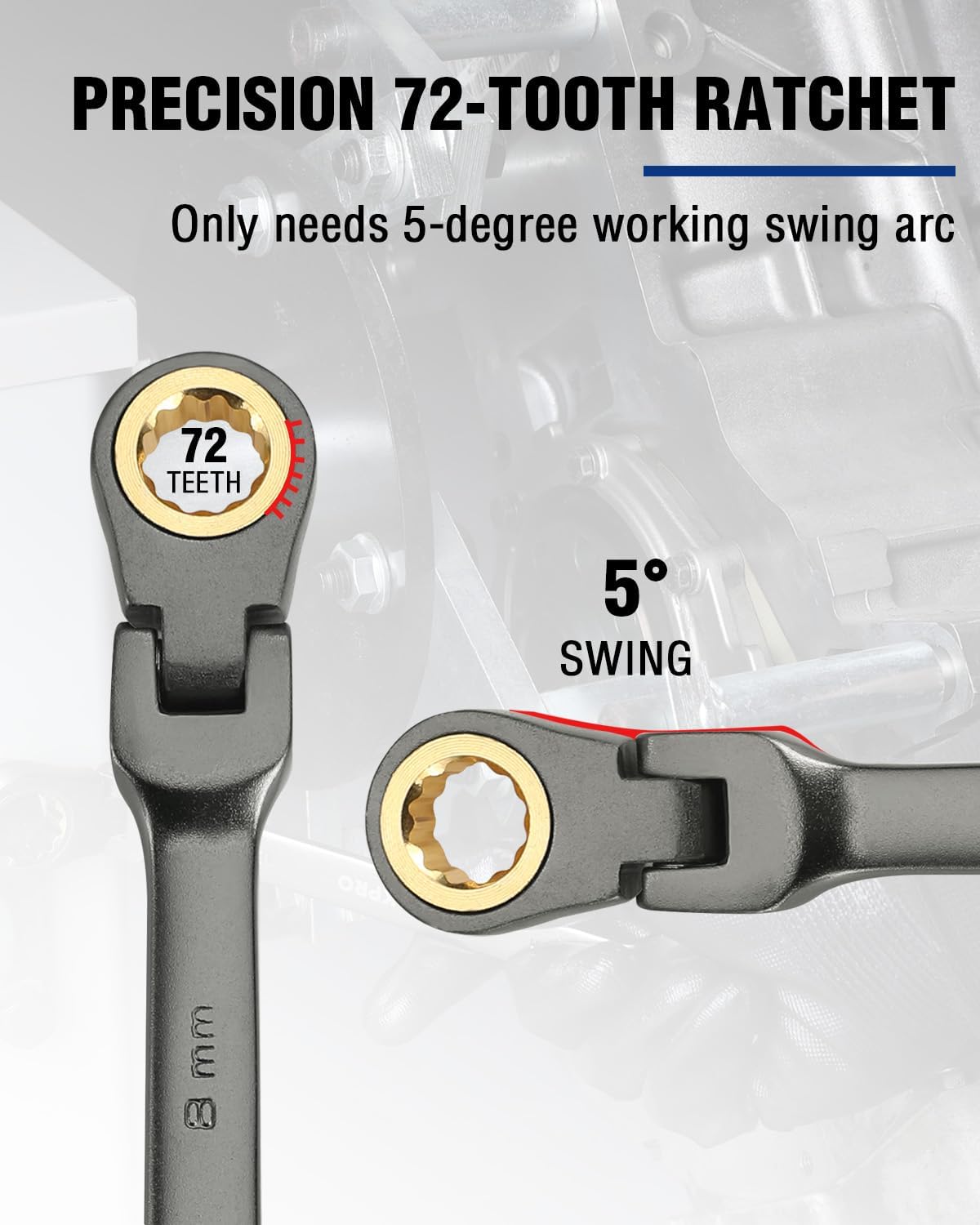 8 mm flex-head ratcheting wrench, 72-tooth ratchet head and 12-point socket