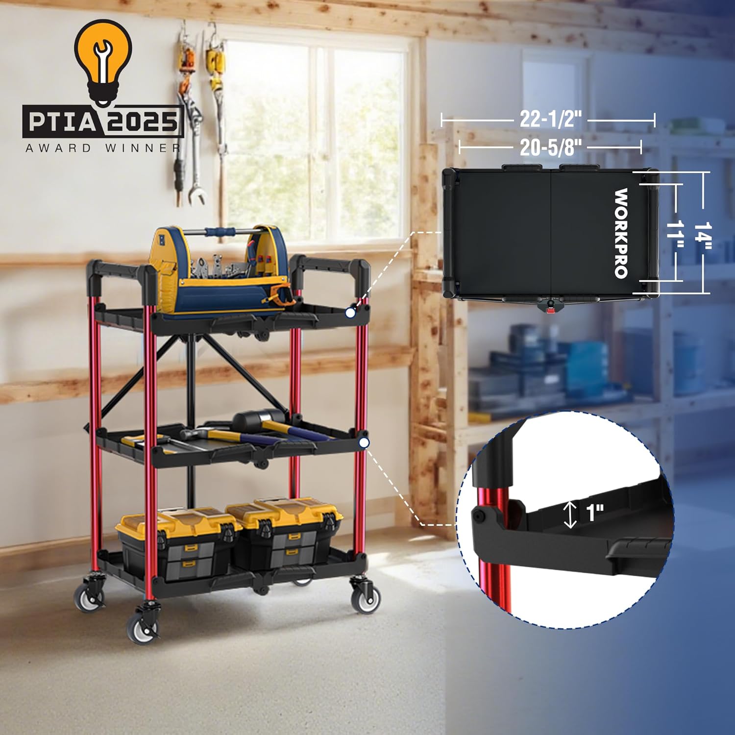 Rolling 3-tier tool cart with black shelves and red frame, holding toolbox and tools in workspace.