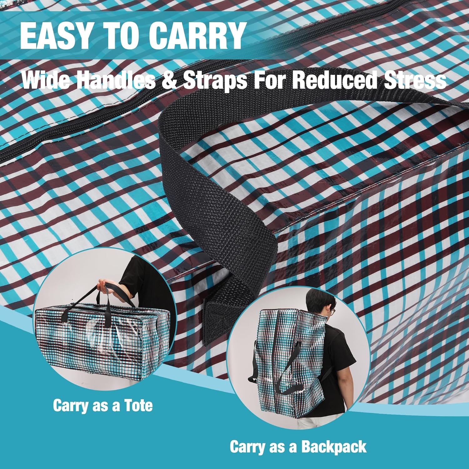 Checkered plaid storage tote with wide handles and padded backpack-style straps