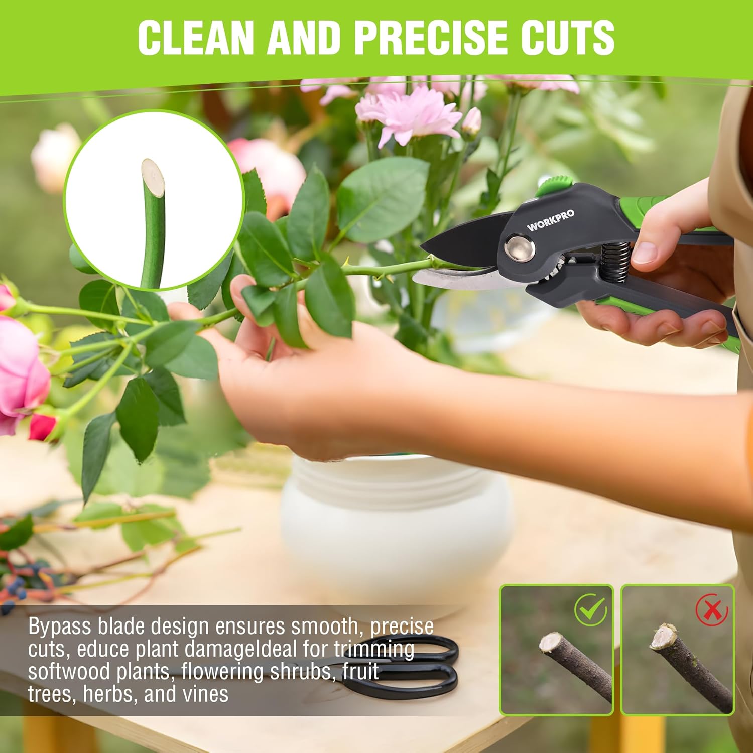 Bypass pruning shears in hand with green grip and black blade for clean, precise cuts