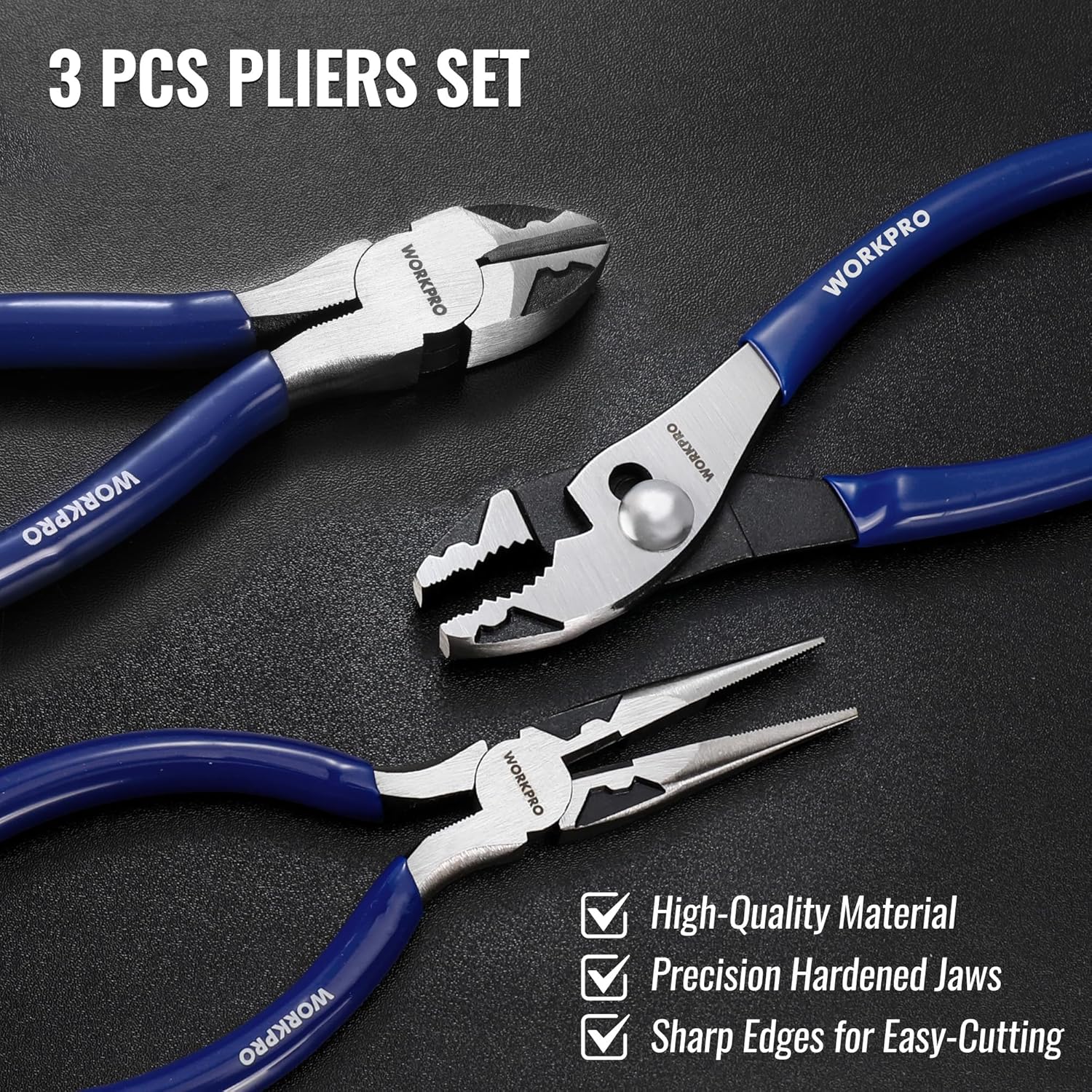 WORKPRO 3-piece pliers set with blue soft-grip handles and hardened cutting edges