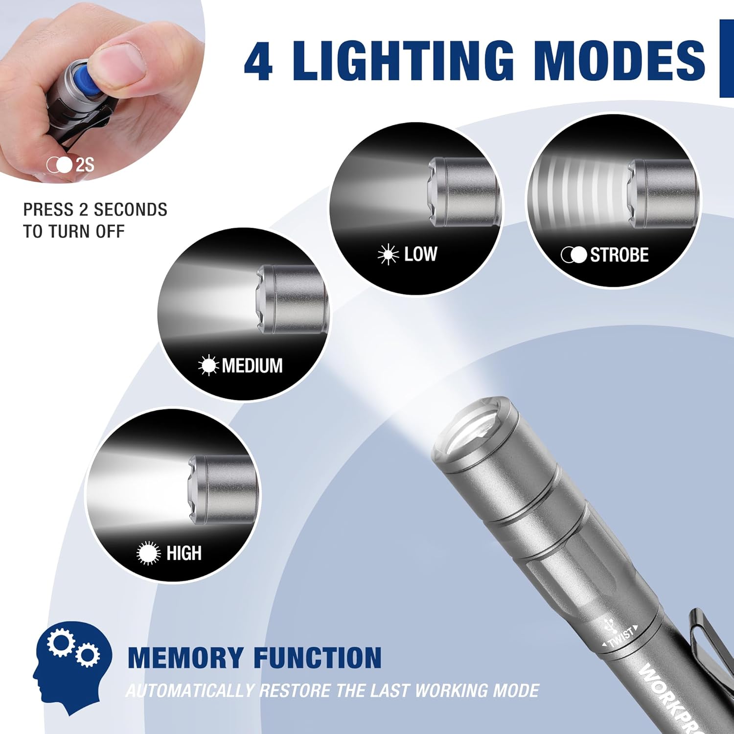 Gray rechargeable pen light with multiple lighting modes and beam control
