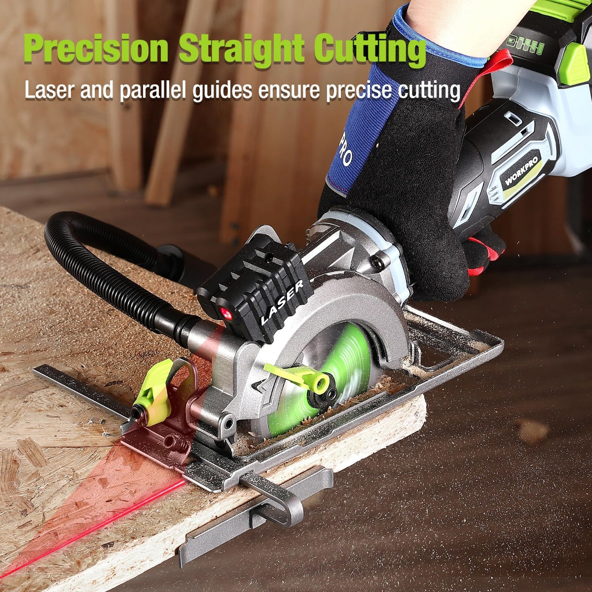 Cordless mini circular saw making straight cut along a marked line with laser guide