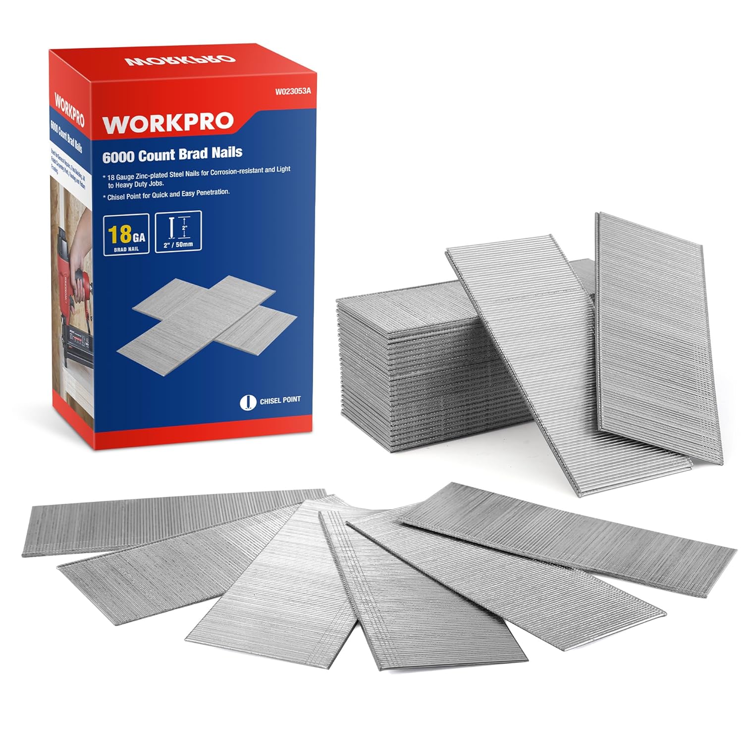 WORKPRO 18-gauge brad nail box with silver chisel-point nails and stacked packs