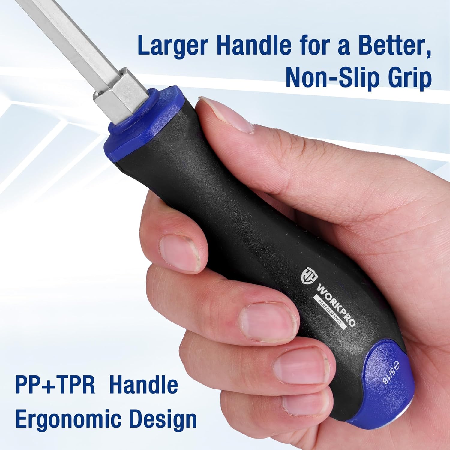 Ergonomic magnetic screwdriver handle with blue end cap and non-slip grip, held by hand