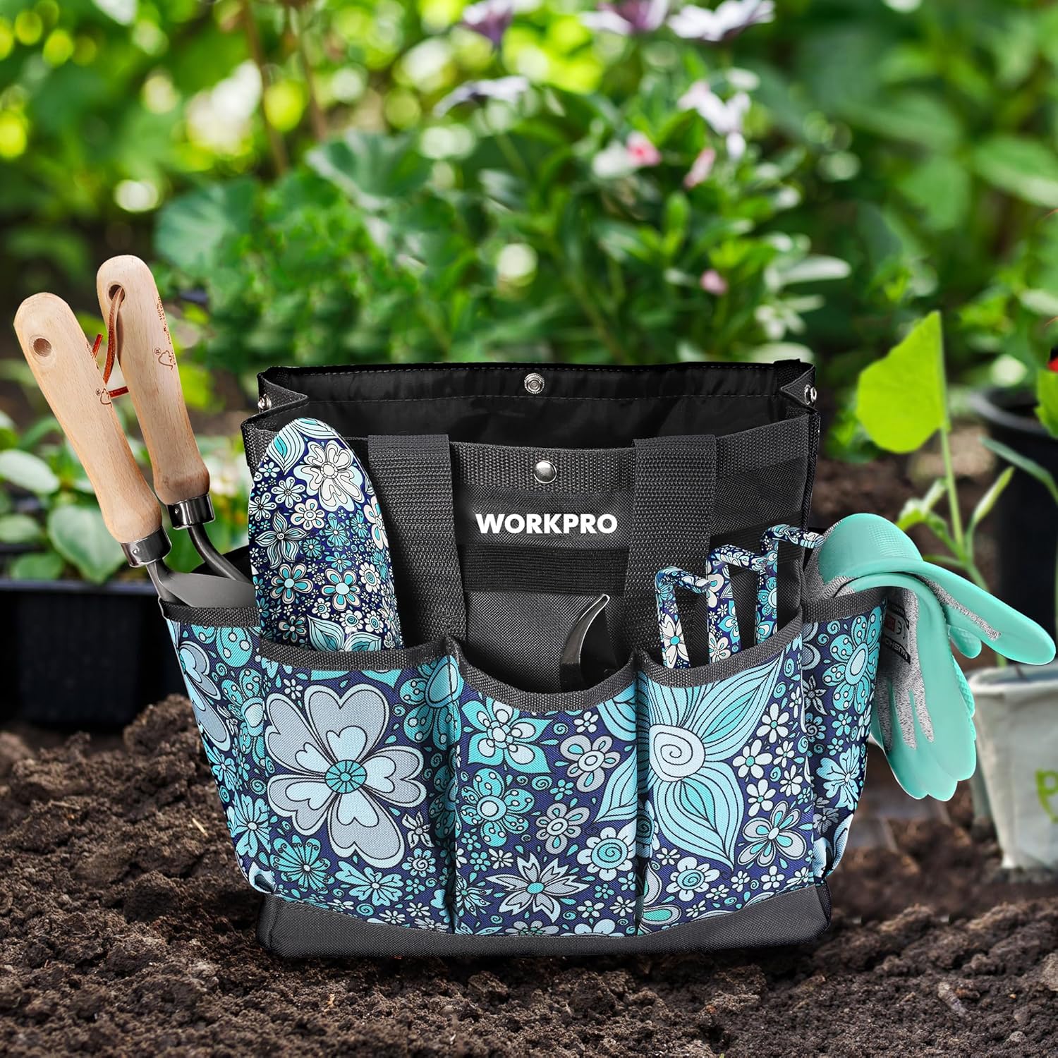 Floral blue and black open-top garden tool bag with front pockets and side holders