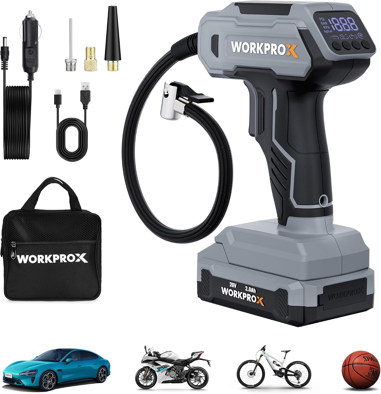 WORKPROX portable tire inflator with black hose and digital pressure gauge, cordless body and base